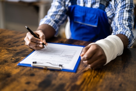 injured worker filling out paperwork at doctors